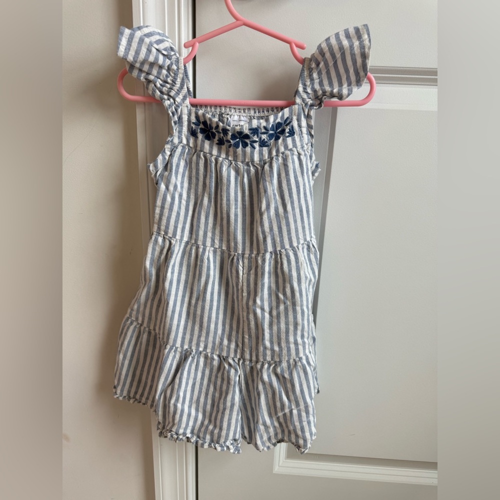 Carter's Blue and White Striped Toddler romper with Navy Embroidery